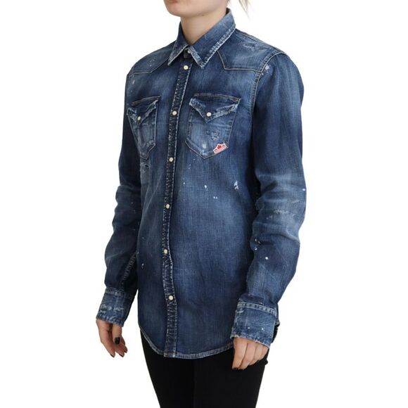 Dsquared² Blue Washed Cotton Button Down Collared Denim Women's Shirt - Picture 2 of 5
